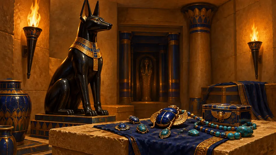 Grabkammer mit Schakalstatue als Motiv zum Spiel Hand of Anubis