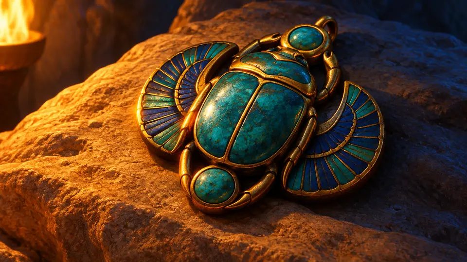 Goldenes Skarabäus-Amulett mit Türkiseinlage auf Sandstein