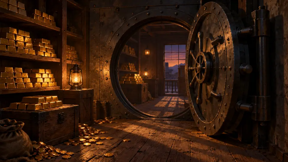 Offener Banktresor mit Goldbarren als Motiv zum Spiel Le Bandit