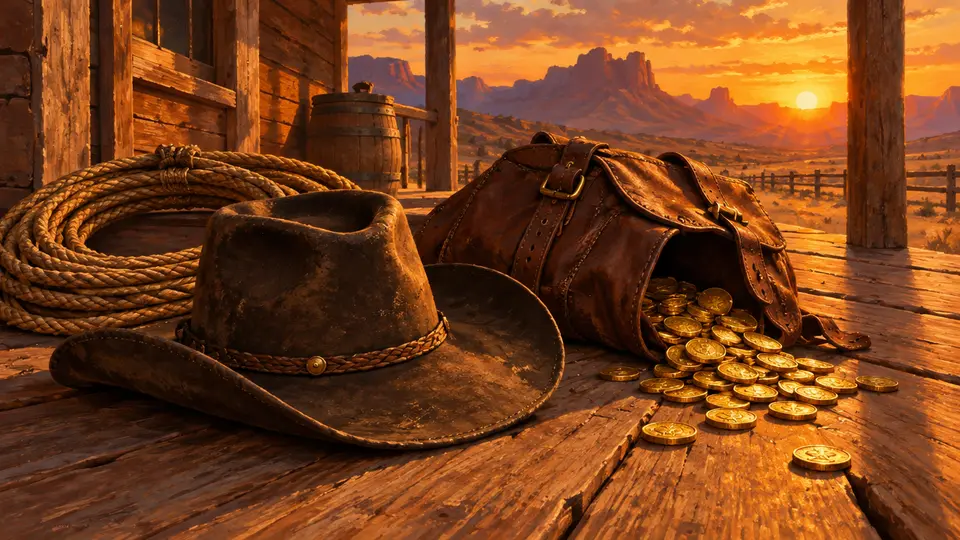Hut, Lasso und Satteltasche mit Goldmünzen auf einer Veranda