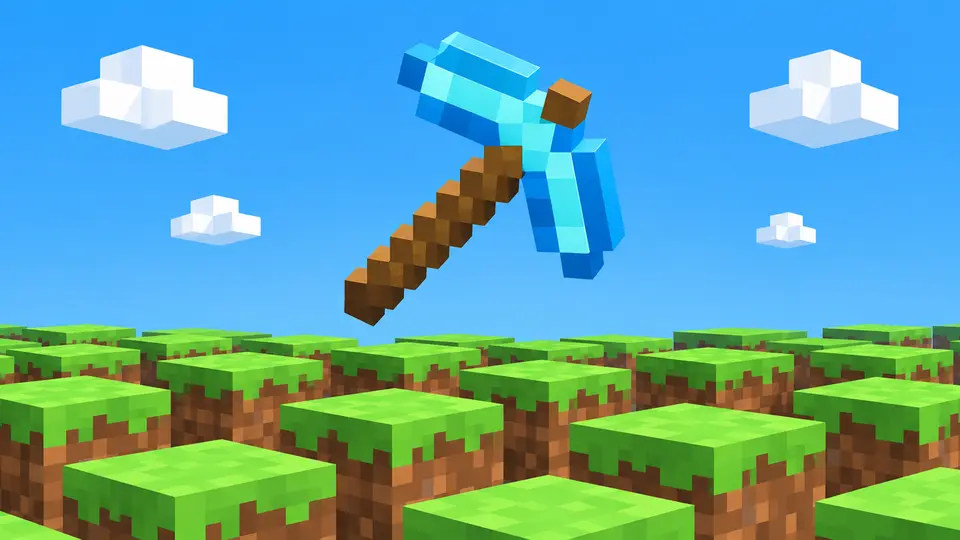 Voxel-Szene mit Würfelblöcken und Spitzhacke als Motiv zum Spiel Mine Drop