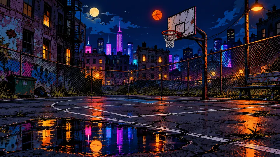 Streetball-Platz bei Nacht als Motiv zum Spiel RIP City