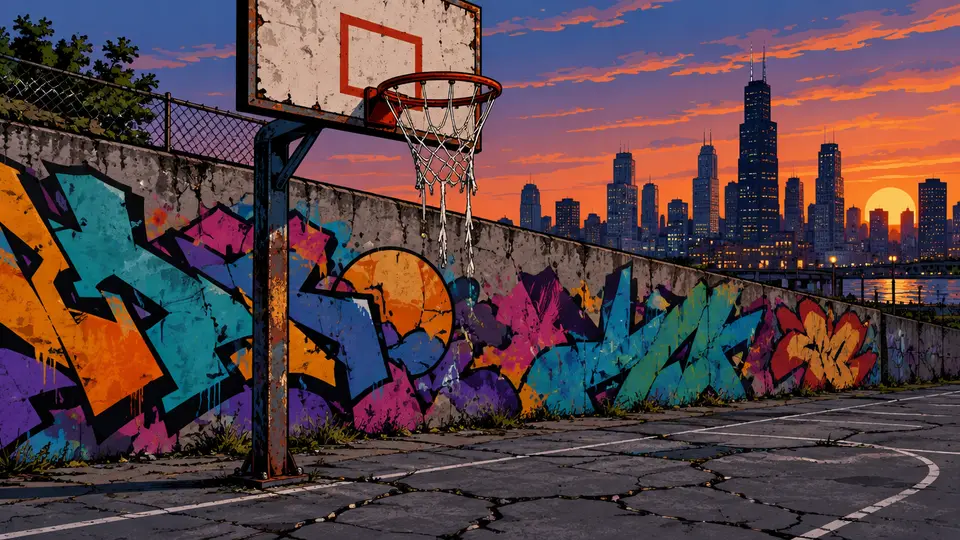Graffitiwand hinter einem Basketballkorb in der Dämmerung