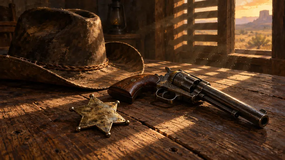 Sternabzeichen, Revolver und Hut auf einem Holztisch