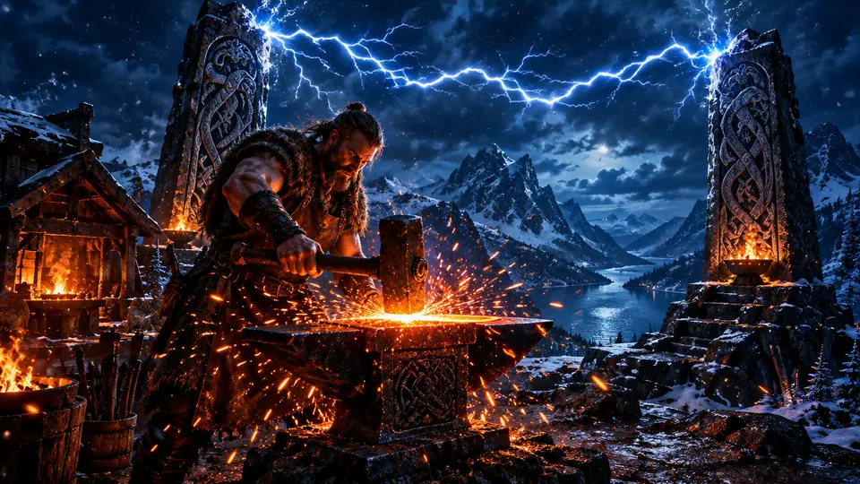 Nordische Schmiede mit Blitzen als Motiv zum Spiel Stormforged