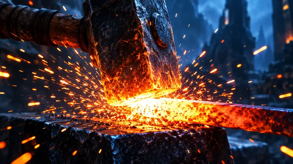 Hammerkopf trifft glühendes Metall auf dem Amboss